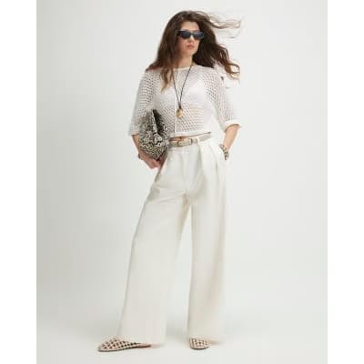 White Open Stitch Knitted T-Shirt