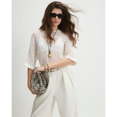 White Open Stitch Knitted T-Shirt