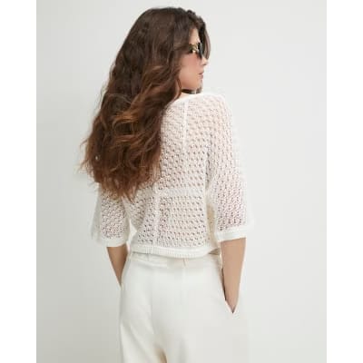 White Open Stitch Knitted T-Shirt