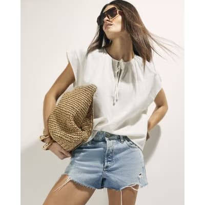 White Linen Blend Tie Neck Top