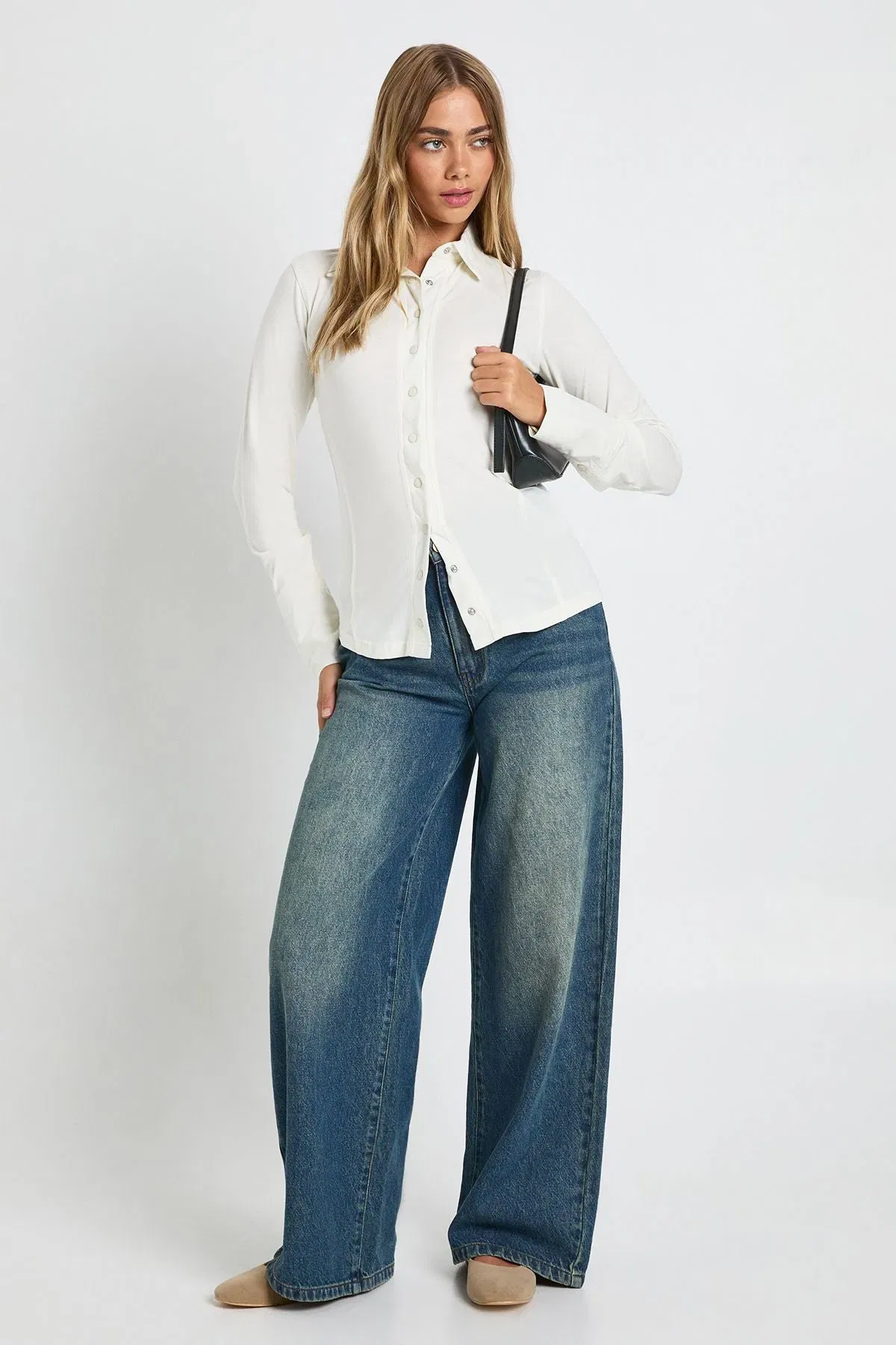 Longline Popper Detail Collared Top With Popper Cuffs