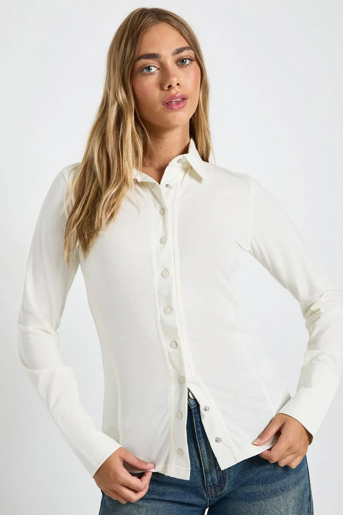Longline Popper Detail Collared Top With Popper Cuffs
