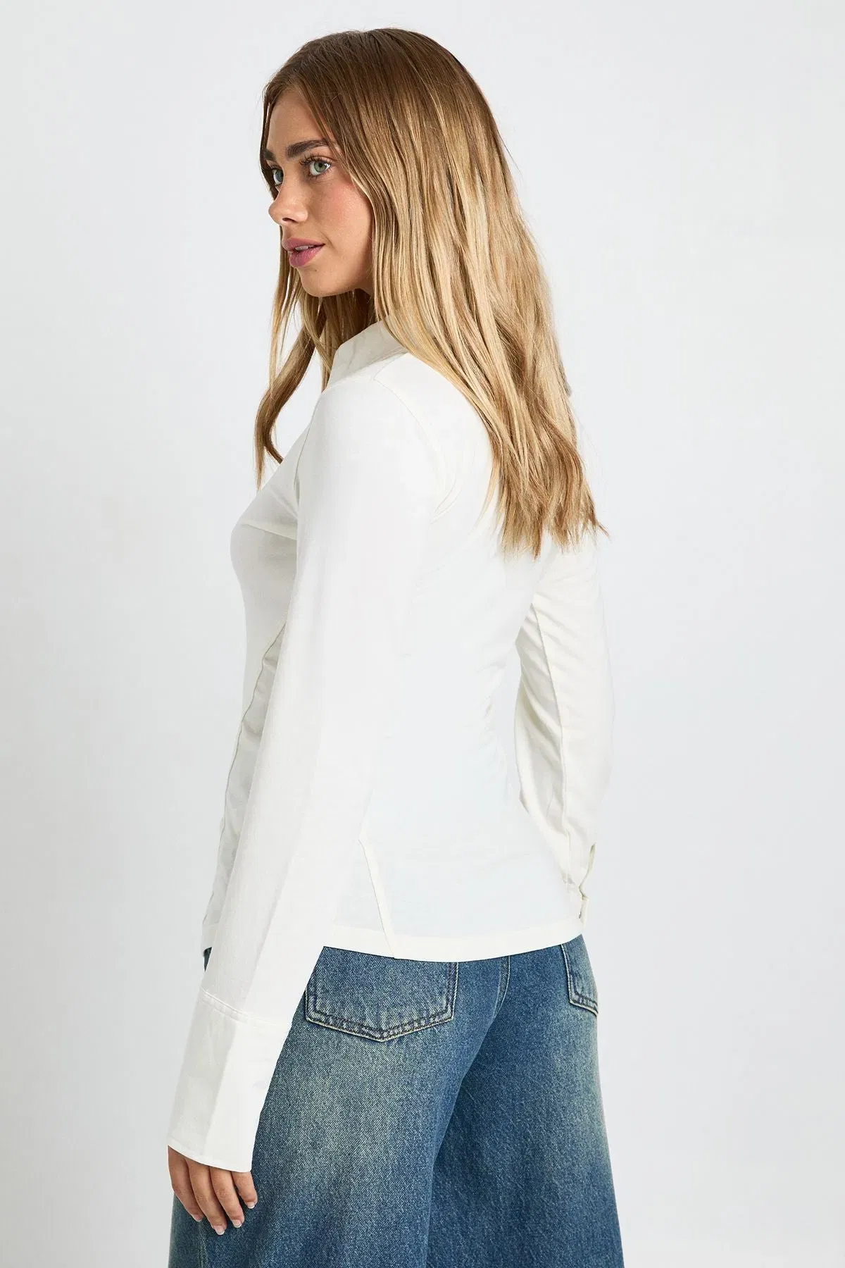 Longline Popper Detail Collared Top With Popper Cuffs