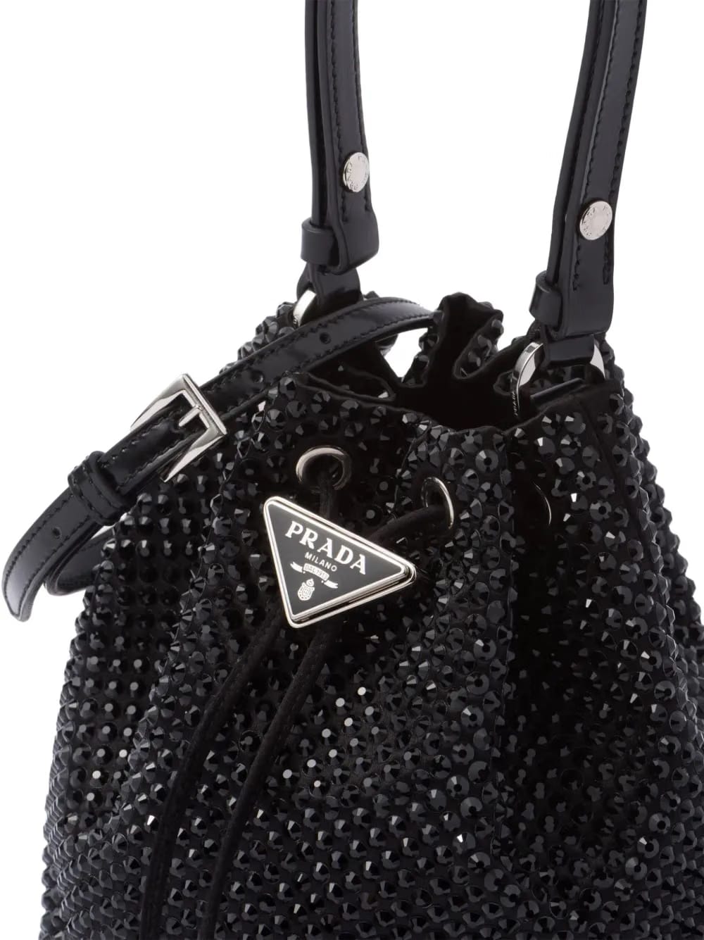 crystal-embellished drawstring bucket bag