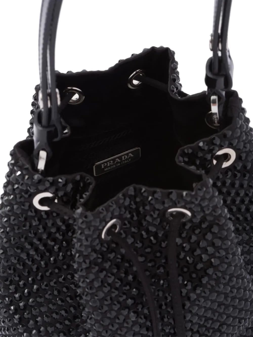 crystal-embellished drawstring bucket bag