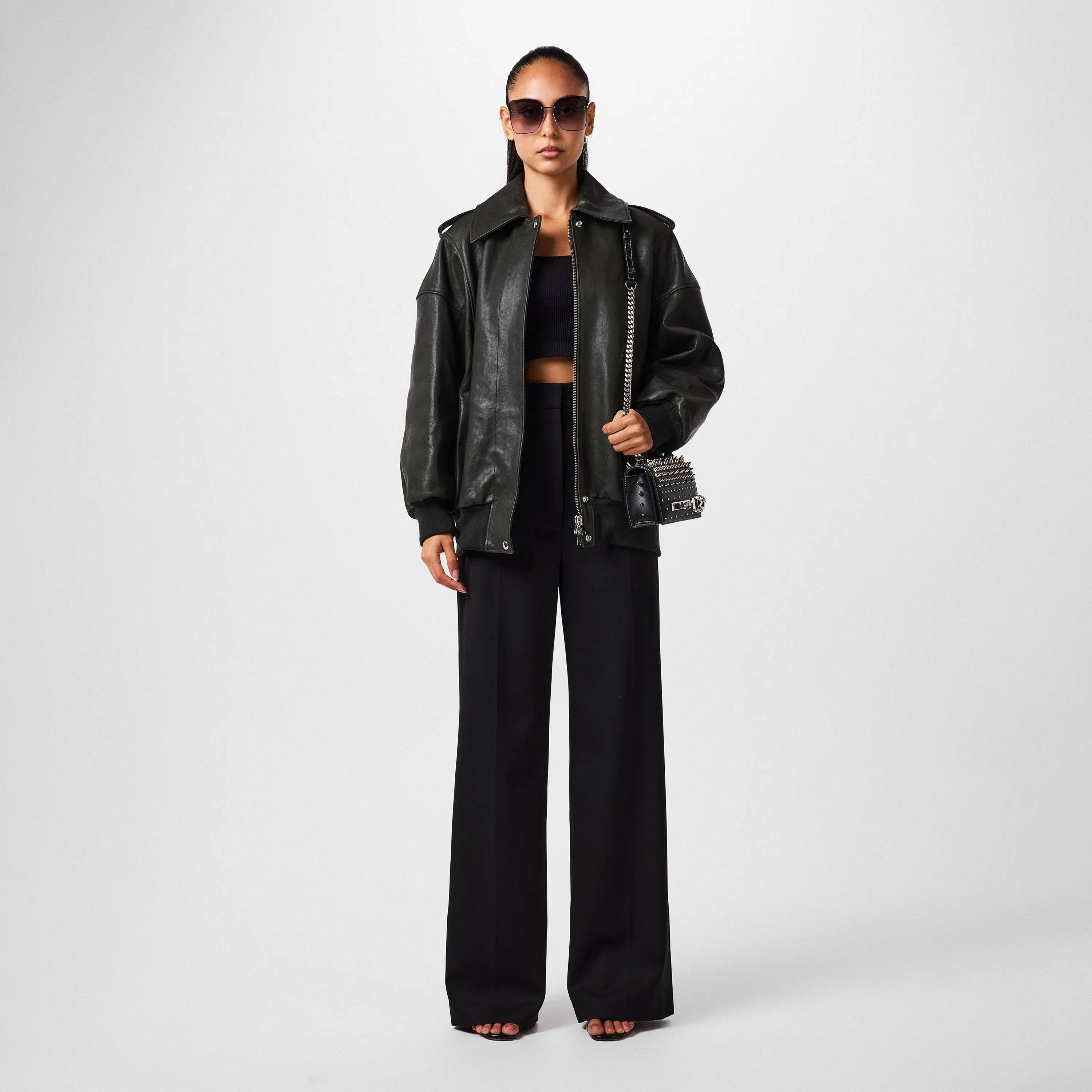 Aviator Bomber Leather Long Sleeve Oversized Fit Jacket