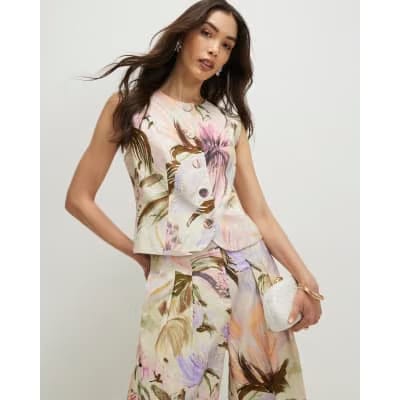 Pink Linen Blend Floral Waistcoat