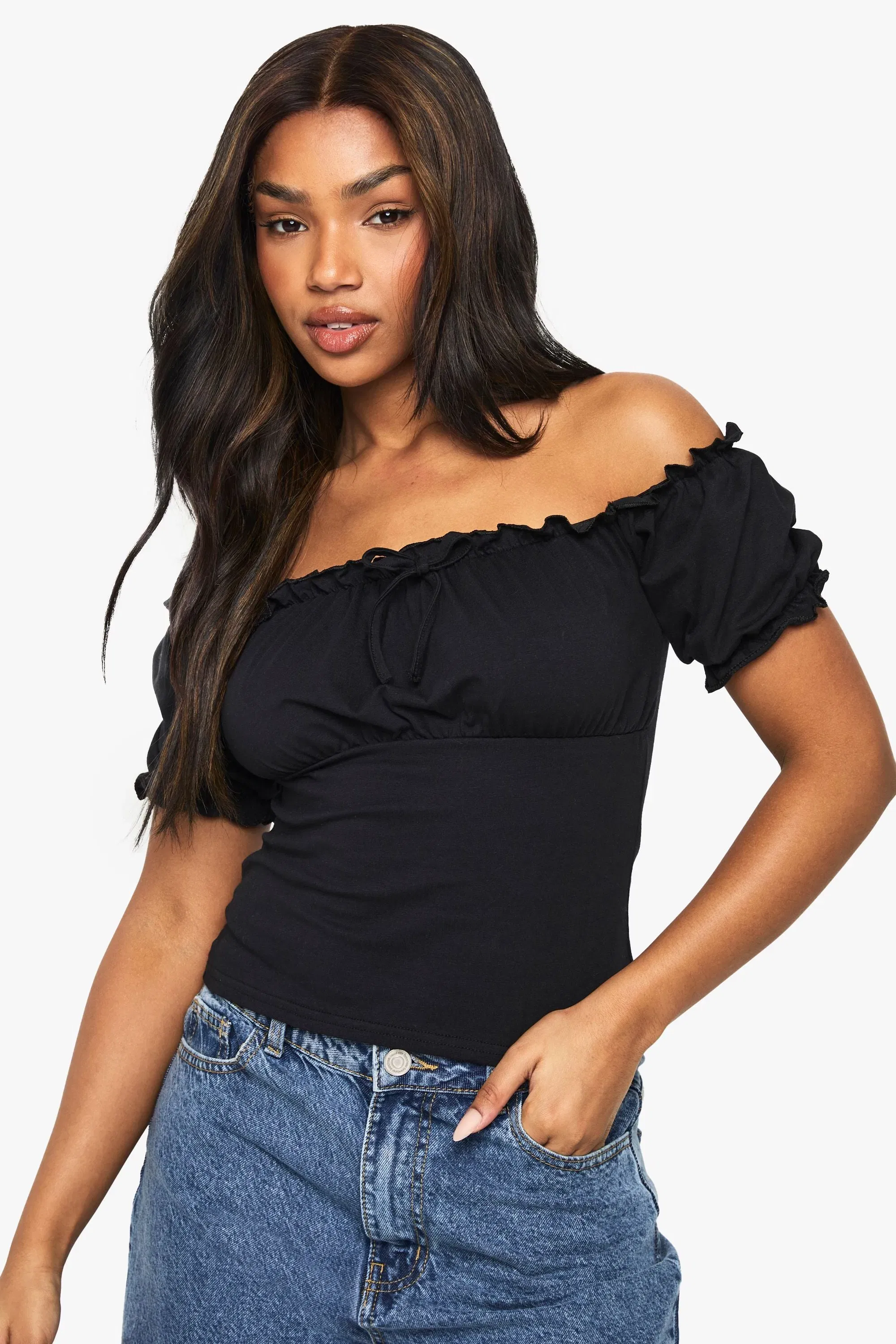 Frill Trim Puff Sleeve Milkmaid Top