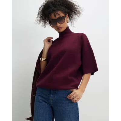 Red Oversized Knitted High Neck Top
