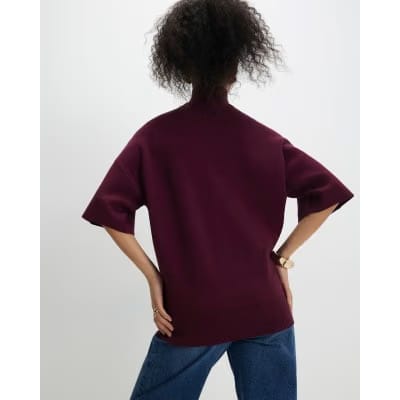 Red Oversized Knitted High Neck Top