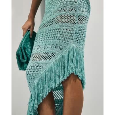 Blue Metallic Knit Asymmetric Midi Dress