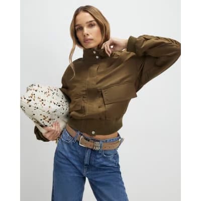 Khaki Funnel Neck Bomber Jacket