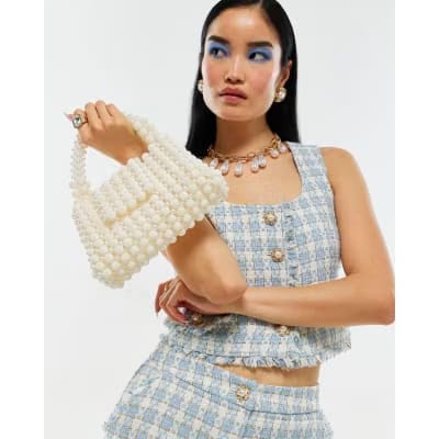 Blue Check Fringe Hem Boucle Waistcoat