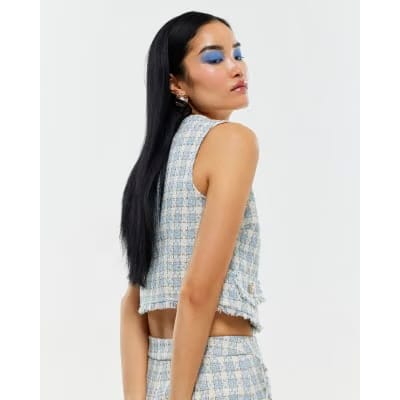 Blue Check Fringe Hem Boucle Waistcoat