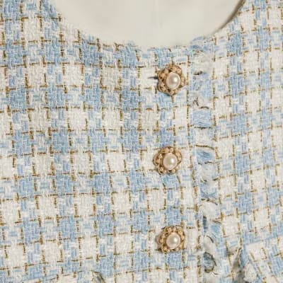 Blue Check Fringe Hem Boucle Waistcoat