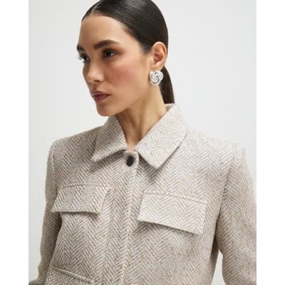 Beige Herringbone Pocket Detail Jacket