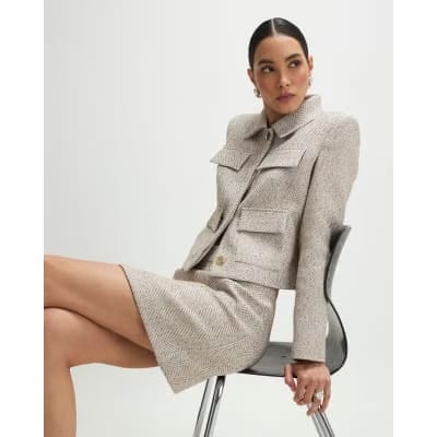 Beige Herringbone Pocket Detail Jacket