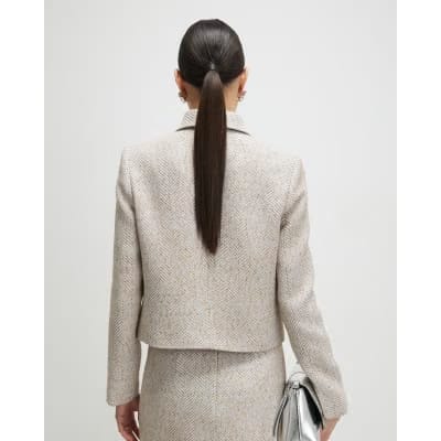 Beige Herringbone Pocket Detail Jacket