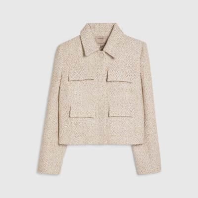 Beige Herringbone Pocket Detail Jacket