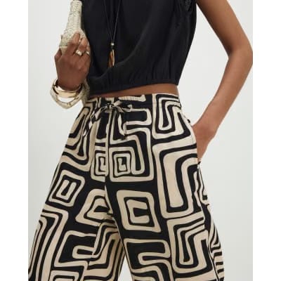 Black Geometric Linen Blend Wide Leg Trousers