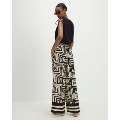 Black Geometric Linen Blend Wide Leg Trousers