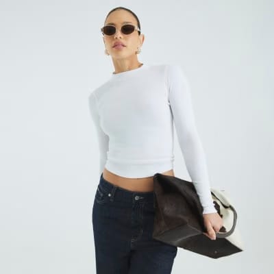 White Long Sleeve Ribbed Crew Neck Top