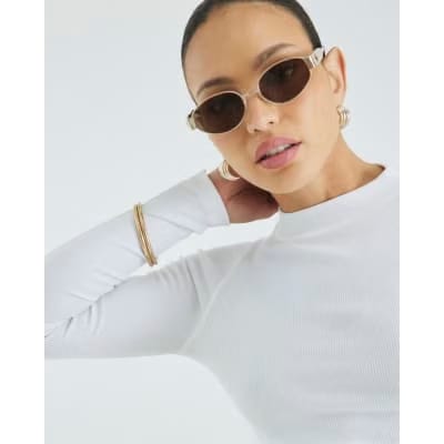 White Long Sleeve Ribbed Crew Neck Top