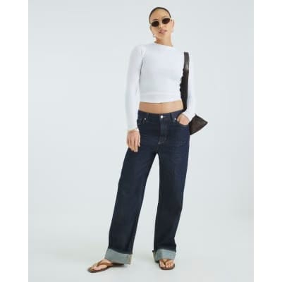 White Long Sleeve Ribbed Crew Neck Top
