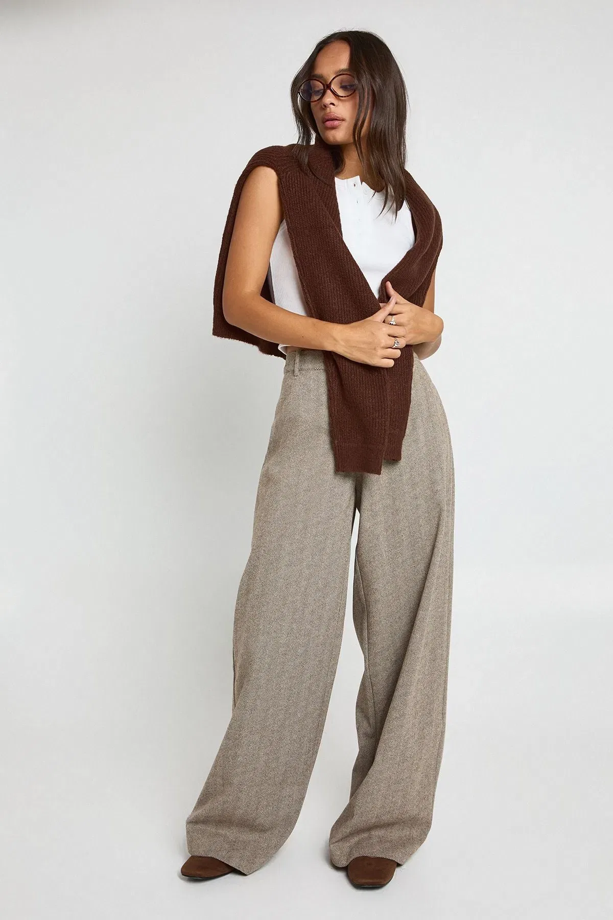 Herringbone Wide Leg Trouser