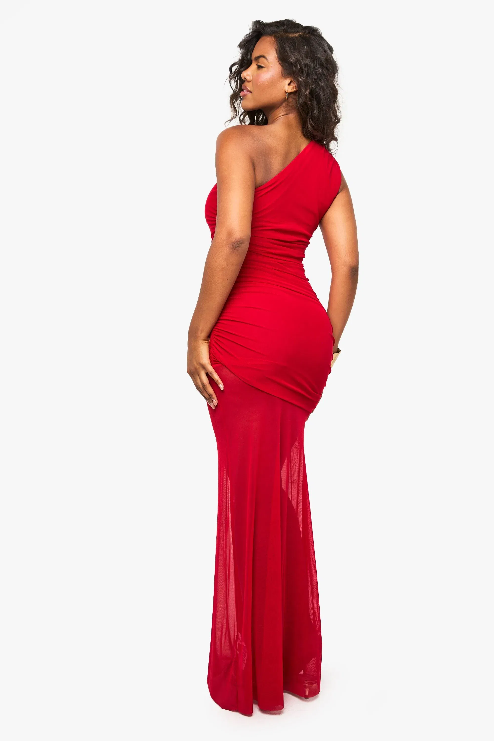 One Shoulder Ruched Mesh Maxi Dress