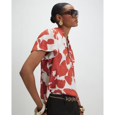 Orange Short Sleeve Printed Blouse