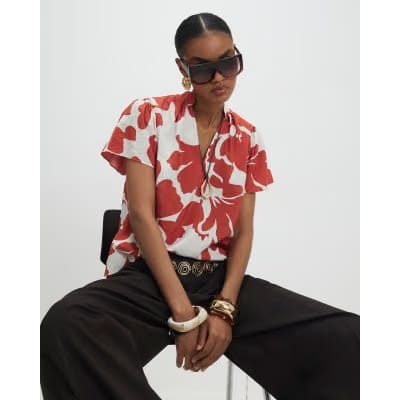 Orange Short Sleeve Printed Blouse