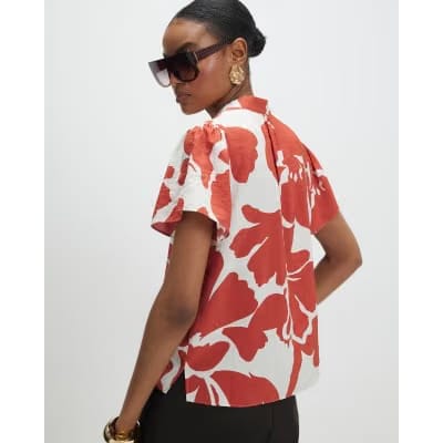 Orange Short Sleeve Printed Blouse