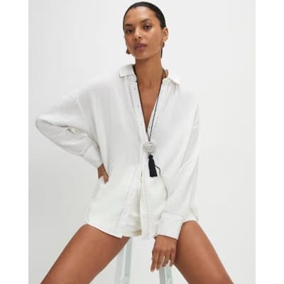 Cream Long Sleeve Tie Back Beach Shirt