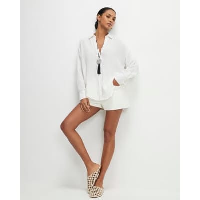 Cream Long Sleeve Tie Back Beach Shirt