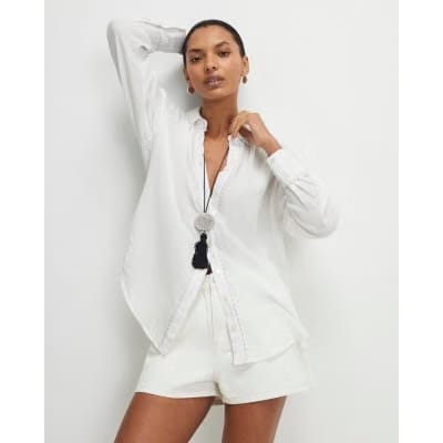 Cream Long Sleeve Tie Back Beach Shirt