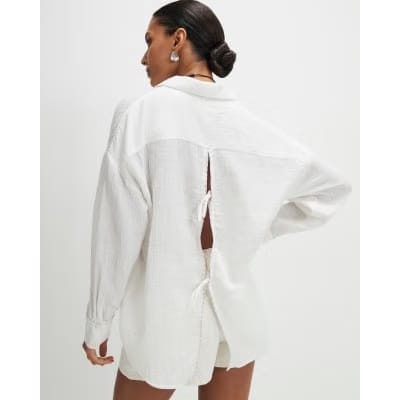 Cream Long Sleeve Tie Back Beach Shirt