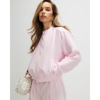 Pink Linen Blend Tailored Bomber Jacket