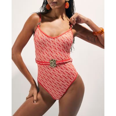 Orange Monogram Print Swimsuit