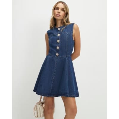 Blue Embellished Button Denim Mini Dress