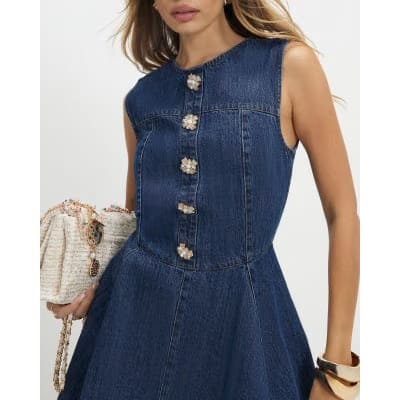 Blue Embellished Button Denim Mini Dress
