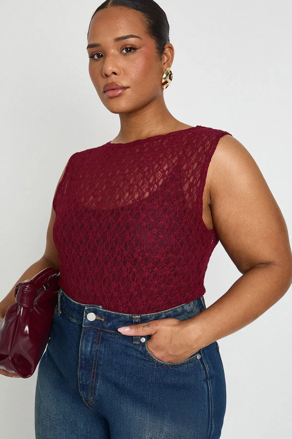 Plus Lace Racer Neck Bodysuit