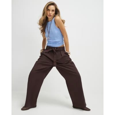 Brown Belted Wide Leg Poplin Trousers