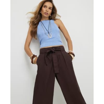 Brown Belted Wide Leg Poplin Trousers