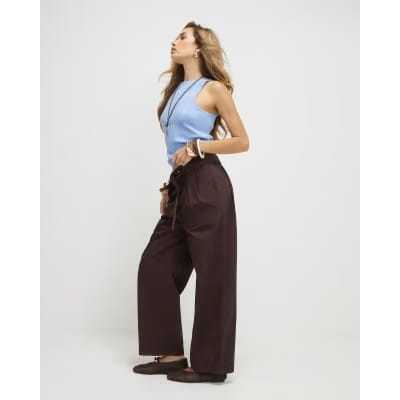 Brown Belted Wide Leg Poplin Trousers