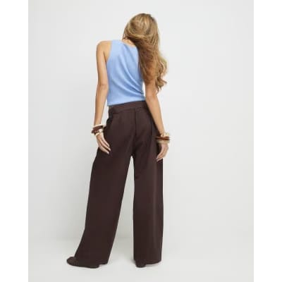 Brown Belted Wide Leg Poplin Trousers