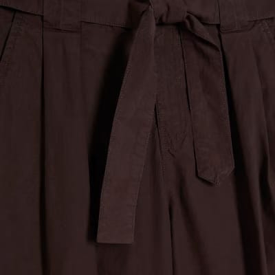 Brown Belted Wide Leg Poplin Trousers