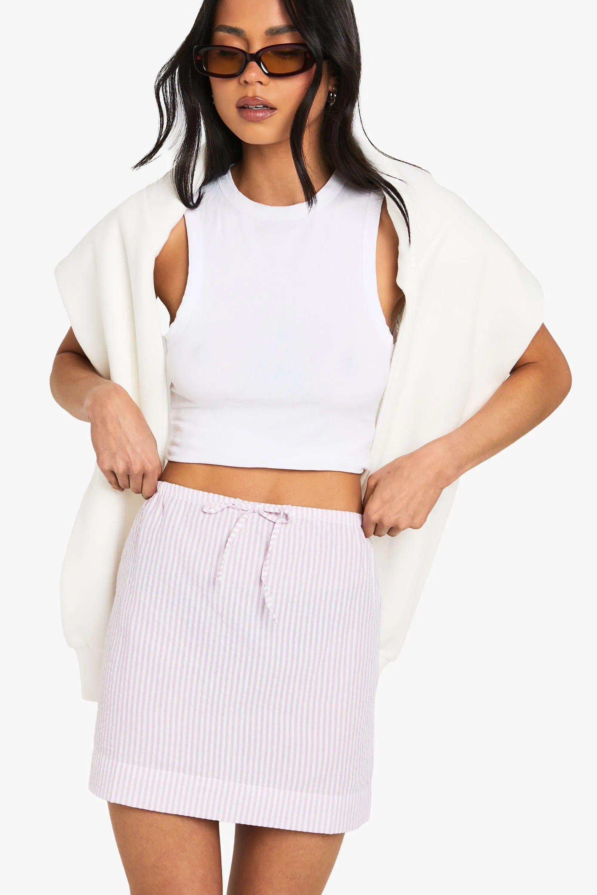 Seersucker Striped Drawstring Waist Skirt