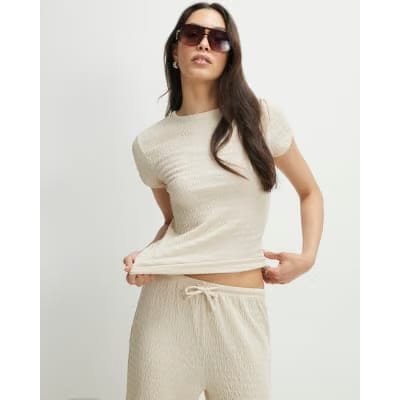 Beige Textured Fitted T-Shirt