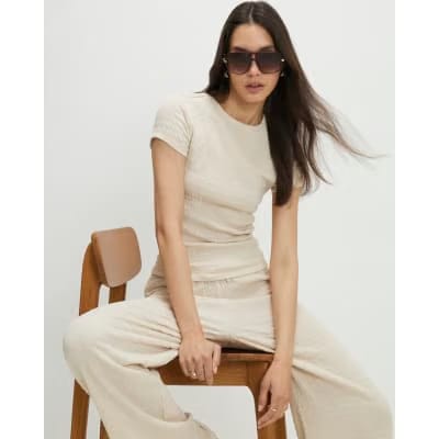 Beige Textured Fitted T-Shirt